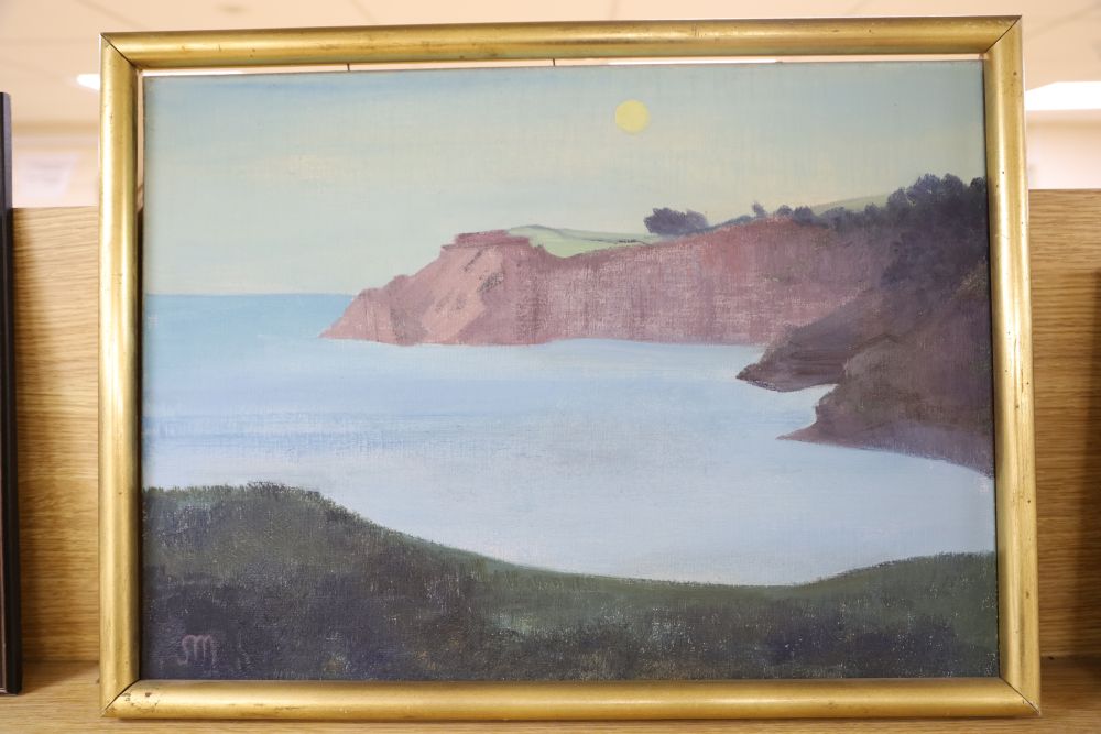 Stella Marsden (b.1921), oil on canvas, Still bay with rising moon, label verso, 40 x 55cm